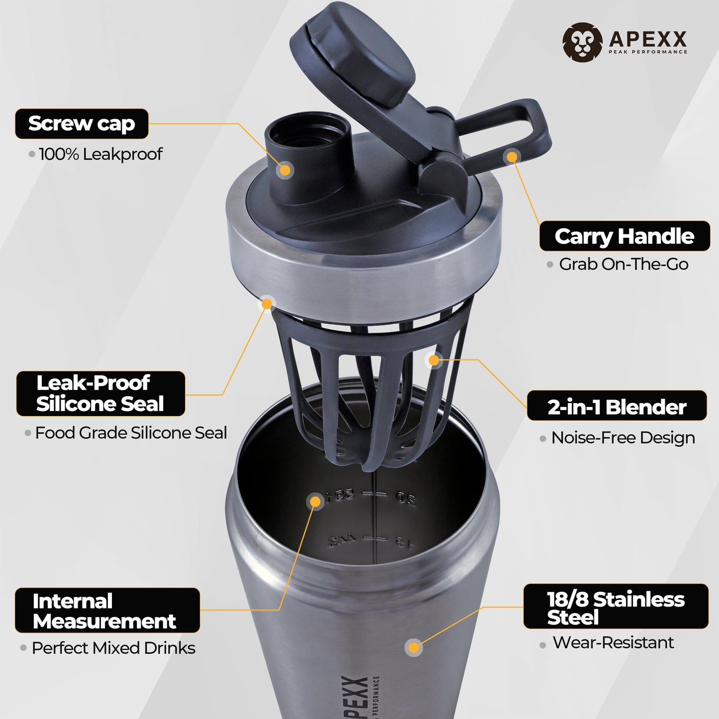 Apexx Protein Shaker Bottle – Steel Shaker for Gym with Silent Mixing, Leakproof Twist Cap, BPA-Free, No Smell, with Carry Handle - Silver 750ML