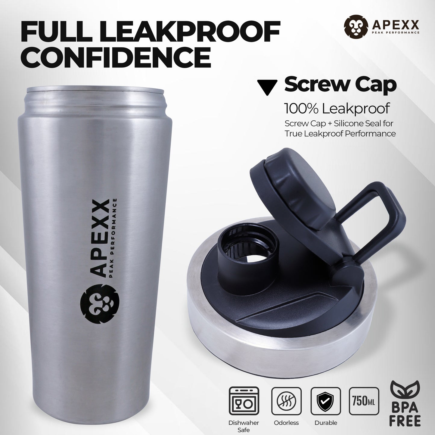 Apexx Protein Shaker Bottle – Steel Shaker for Gym with Silent Mixing, Leakproof Twist Cap, BPA-Free, No Smell, with Carry Handle - Silver 750ML